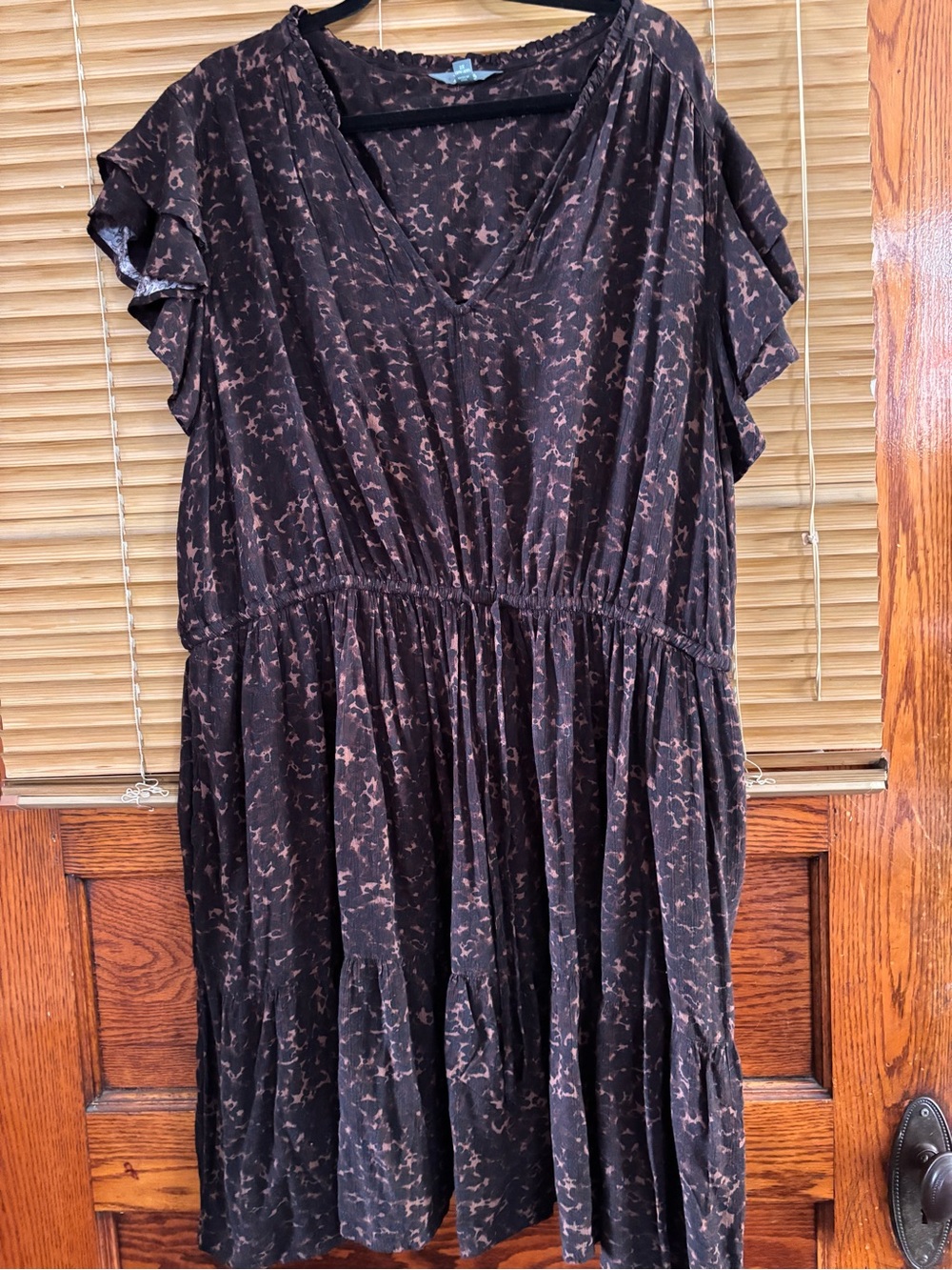 Terra & Sky Black with Light Brown Print V-Neck Tiered Dress